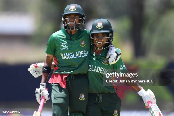 Shorna Akter celebrates with Dilara Akter of Bangladesh after the end of the innings during the ICC Women's U19 T20 World Cup 2023 match between and...