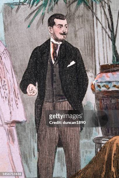 well dressed man in tail coat and pinstripe trousers, waistcoat, victorian mens fashions, 1890s, french, 19th century - waistcoat stock illustrations