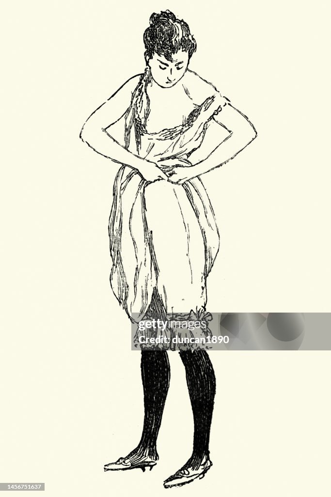 Young woman getting dressed, putting on underwear, Knickers, Bloomers, Victorian, French, 19th Century