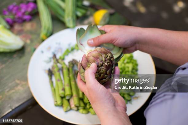 woman preparing fresh vegetables for cooking, close-up of hands - artichoke stock pictures, royalty-free photos & images