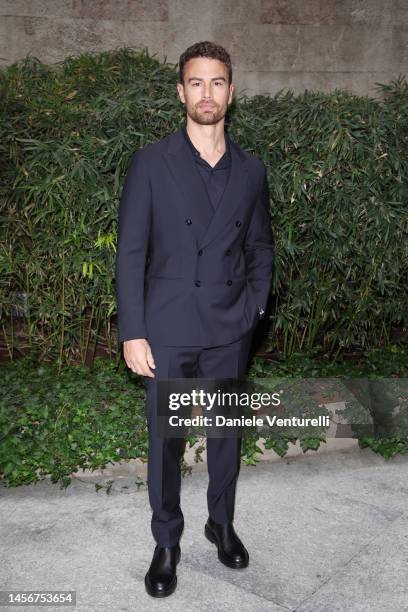 Theo James is seen front row at the Giorgio Armani fashion show during the Milan Menswear Fall/Winter 2023/2024 on January 16, 2023 in Milan, Italy.