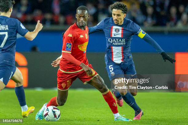 January 11: Abdallah Sima of Angers defended by Marquinhos of Paris Saint-Germain during the Paris Saint-Germain V Angers, French Ligue 1 regular...