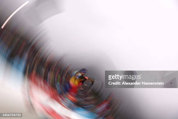 Julia Simon of France competes at the shooting range during the Women 12.5 km Mass Start at the BMW IBU World Cup Biathlon Ruhpolding on January 15,...