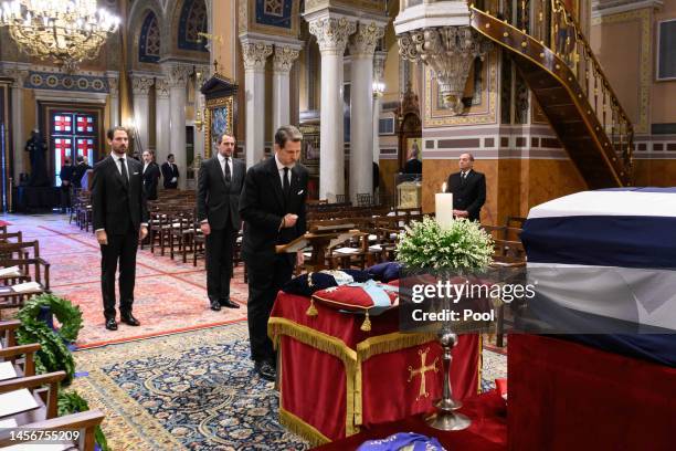 Crown Prince Pavlos of Greece, Prince Nikolaos of Greece and Prince Philippos of Greece attend the funeral of Former King Constantine II of Greece at...