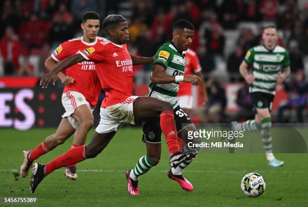 Florentino Luís of Benfica and Arthur of Sporting challenge for the ball during the Liga Portugal Bwin match between SL Benfica and Sporting CP at...