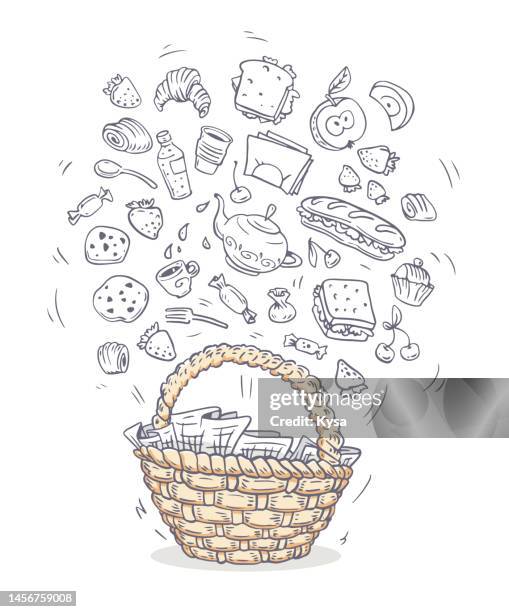 picnic basket meal doodle - bread stock illustrations stock illustrations