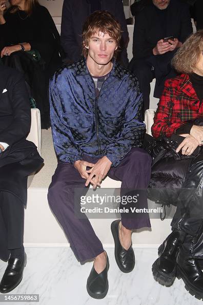Jordan Barrett is seen front row at the Giorgio Armani fashion show ...