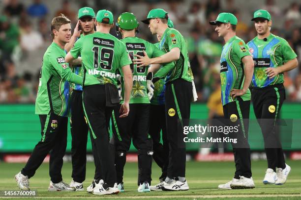 Adam Zampa of the Stars celebrates with team mates after taking the wicket of Sam Hain of the Heat during the Men's Big Bash League match between the...