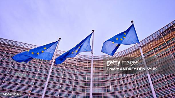 belgium, brussels, european commission, european flags at berlaymont building - all european flags stock pictures, royalty-free photos & images