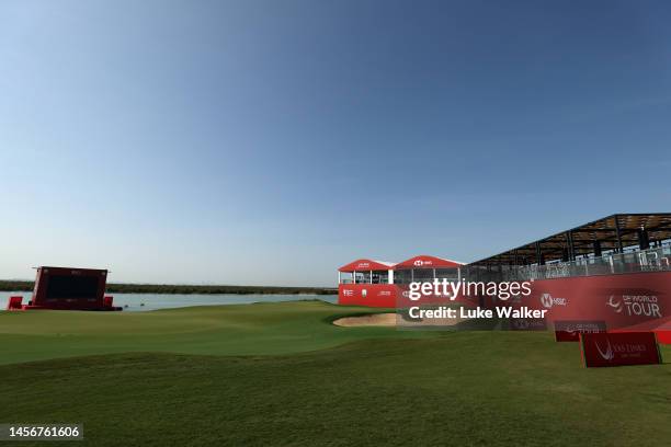 View of the 18th green during a practice round prior to the Abu Dhabi HSBC Championship at Yas Links Golf Course on January 16, 2023 in Abu Dhabi,...