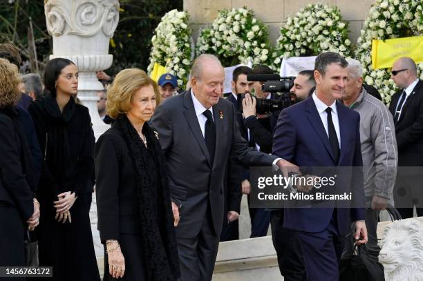 Former Queen Sofia of Spain and former King Juan Carlos of Spain attend the funeral of Former King Constantine II of Greece on January 16, 2023 in...