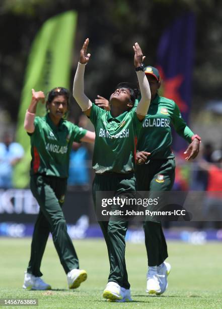 Marufa Akter of Bangladesh celebrates after taking the wicket of Dewmi Vihanga of Sri Lanka during the ICC Women's U19 T20 World Cup 2023 match...