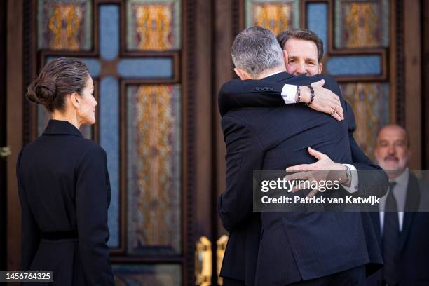 King Felipe of Spain and Queen Letizia of Spain are welcomed by Crown Prince Pavlos of Greece ahead of the funeral of Former King Constantine II of...