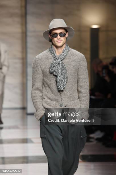 Model walks the runway at the Giorgio Armani fashion show during the Milan Menswear Fall/Winter 2023/2024 on January 16, 2023 in Milan, Italy.