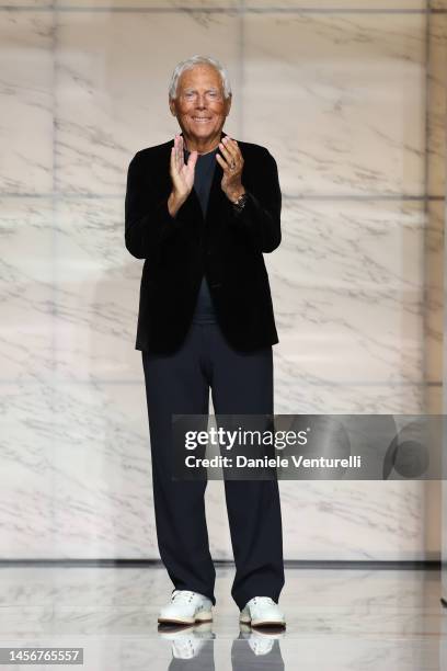 Designer Giorgio Armani walks the runway at the Giorgio Armani fashion show during the Milan Menswear Fall/Winter 2023/2024 on January 16, 2023 in...