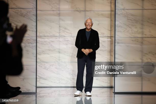 Designer Giorgio Armani walks the runway at the Giorgio Armani fashion show during the Milan Menswear Fall/Winter 2023/2024 on January 16, 2023 in...