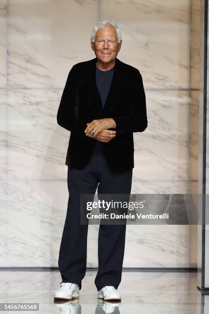 Designer Giorgio Armani walks the runway at the Giorgio Armani fashion show during the Milan Menswear Fall/Winter 2023/2024 on January 16, 2023 in...