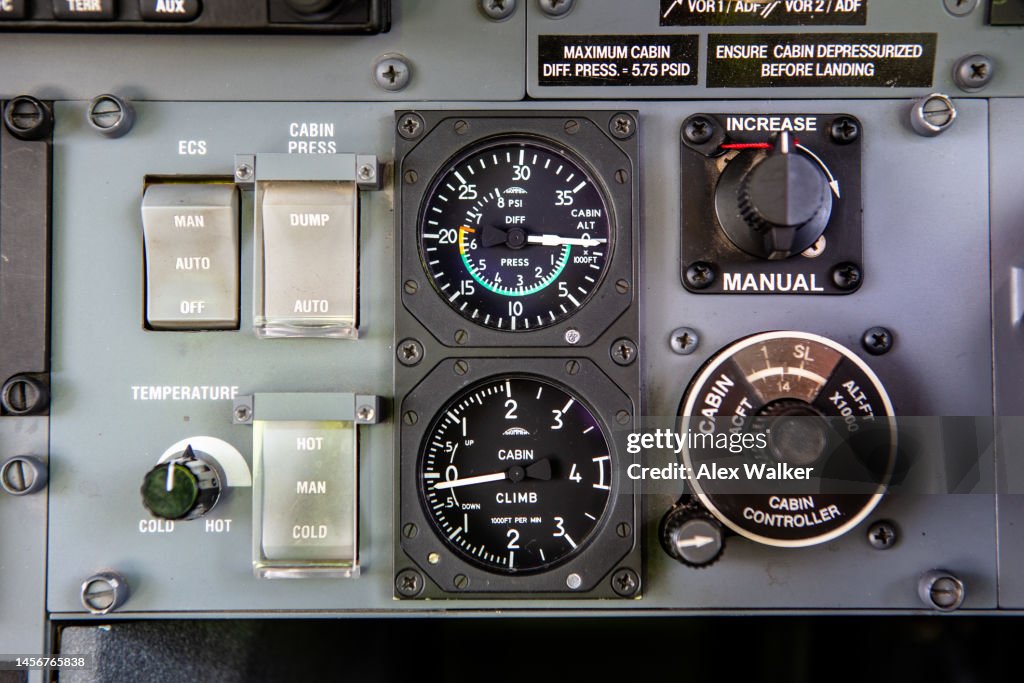 Round dial gauges showing the cabin pressurisation system in Aircraft