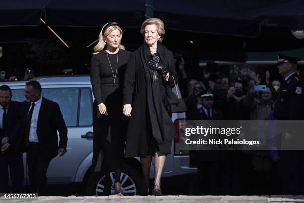 Former Queen Anne Marie of Greece and Crown Princess Marie-Chantal of Greece attend the funeral of Former King Constantine II of Greece on January...