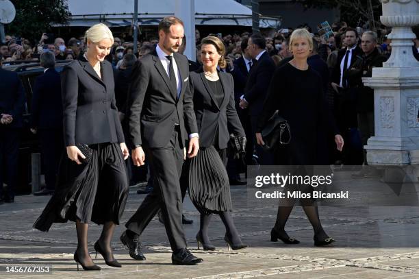Crown Princess Mette-Marit of Norway and Crown Prince Haakon of Norway attend the funeral of Former King Constantine II of Greece on January 16, 2023...