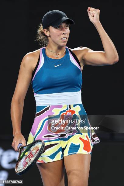 Madison Keys of the United States celebrates a point in their round one singles match against Anna Blinkova during day one of the 2023 Australian...
