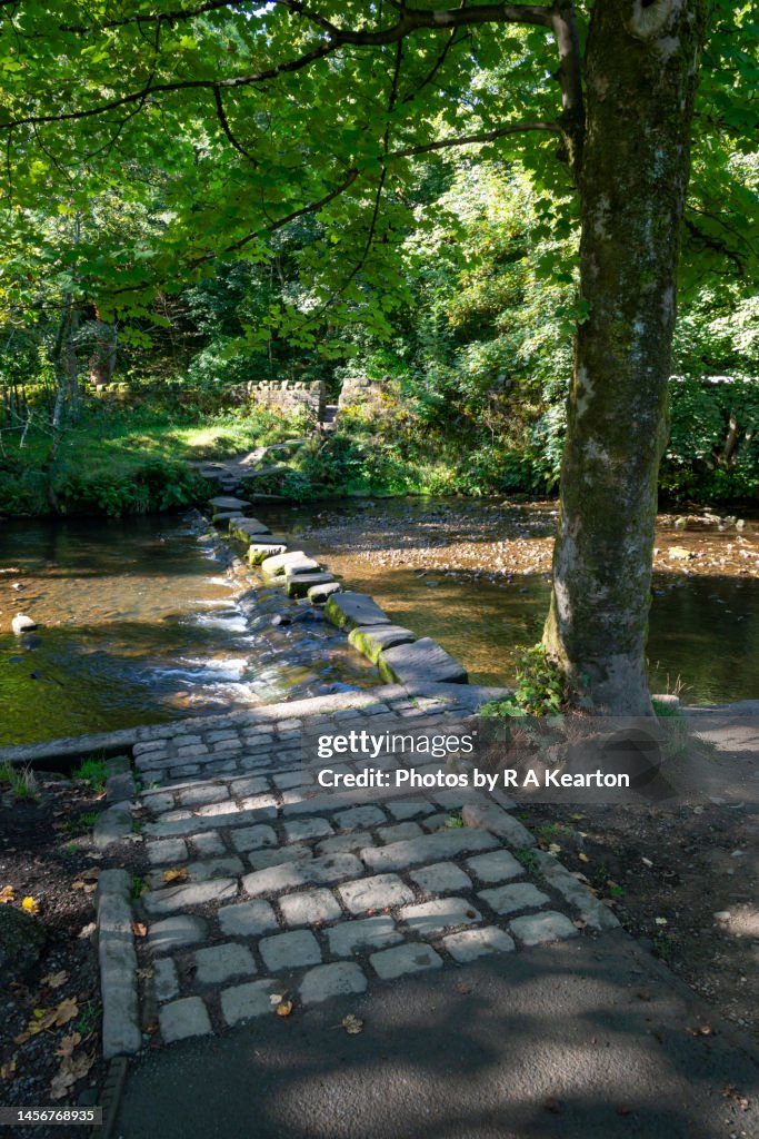 Stepping stones over the river Tame at Uppermill, Greater Manchester, England