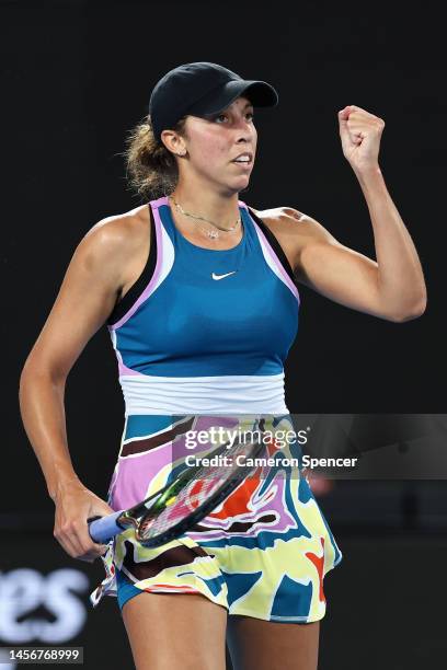 Madison Keys of the United States celebrates a point in their round one singles match against Anna Blinkova during day one of the 2023 Australian...