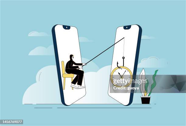 thief, fishhook, mobile phone, clock. - stealing time stock illustrations