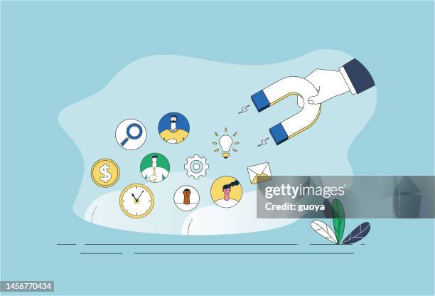 magnets, light bulbs, magnifying glasses, dollars, gears, mail, people, clocks. - magnet vector stock illustrations