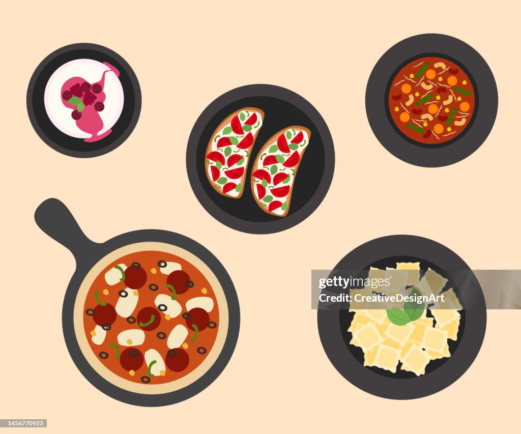 Italian Food Plates. Top View Of Minestrone Soup, Pizza, Bruschetta, Ravioli And Panna Cotta