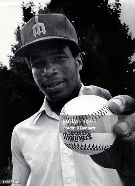 Al Chambers, the number one draft pick of the Seattle Mariners holds a baseball with the "Seattle Mariners" logo on it on June 5, 1979 in Harrisburg,...