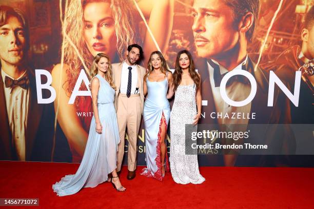 Samara Weaving, Diego Calva, Margot Robbie and Phoebe Tonkin attend the Australian Premiere of Babylon at State Theatre on January 16, 2023 in...