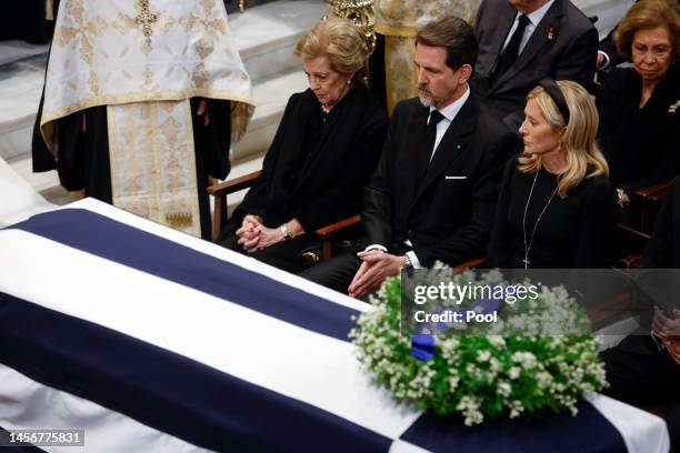Greece's former Queen Anne Marie, former Crown Prince Pavlos of Greece and Princess Marie-Chantal attend the funeral of Former King Constantine II of...