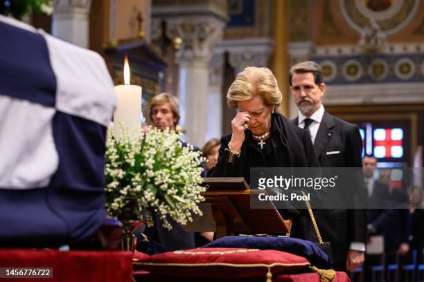 Former Queen Anne Marie of Greece and Crown Prince Pavlos of Greece attend the funeral of Former King Constantine II of Greece at the Metropolitan...