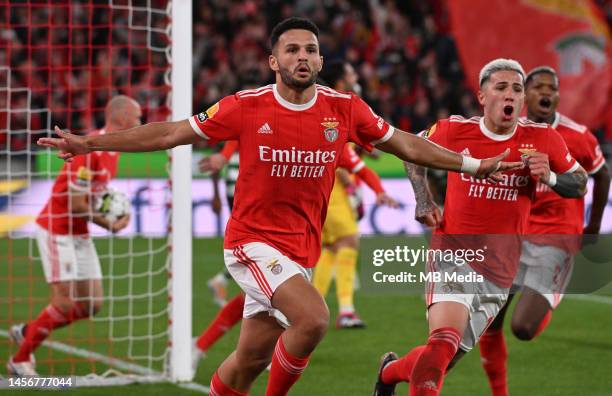 Gonçalo Ramos of Benfica celebrates a goal during the Liga Portugal Bwin match between SL Benfica and Sporting CP at Estadio do Sport Lisboa e...