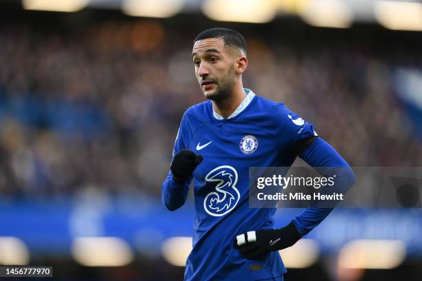 Hakim Ziyech of Chelsea looks on during the Premier League match between Chelsea FC and Crystal Palace at Stamford Bridge on January 15, 2023 in...