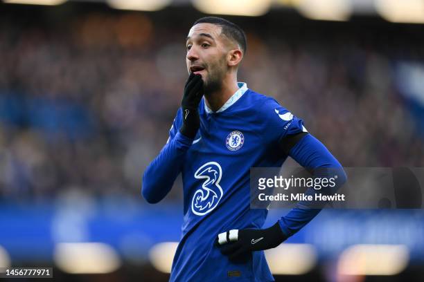 Hakim Ziyech of Chelsea looks on during the Premier League match between Chelsea FC and Crystal Palace at Stamford Bridge on January 15, 2023 in...