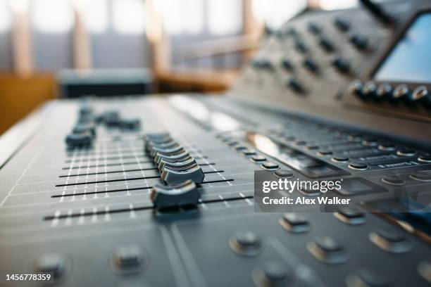 sound mixing desk with sliders and controls, full frame - scoring performance stock pictures, royalty-free photos & images