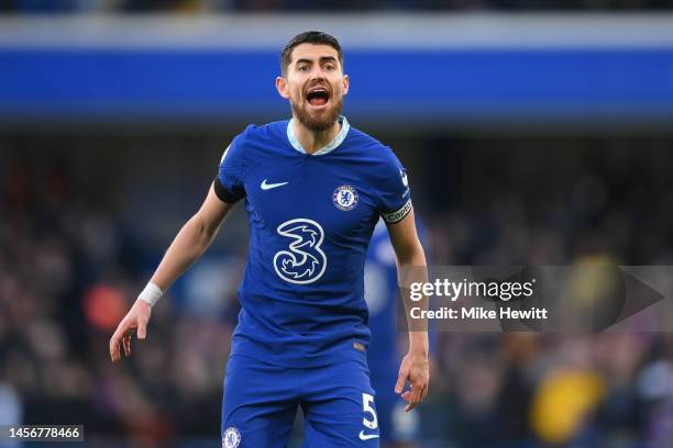 Jorginho of Chelsea shouts instructions during the Premier League match between Chelsea FC and Crystal Palace at Stamford Bridge on January 15, 2023...