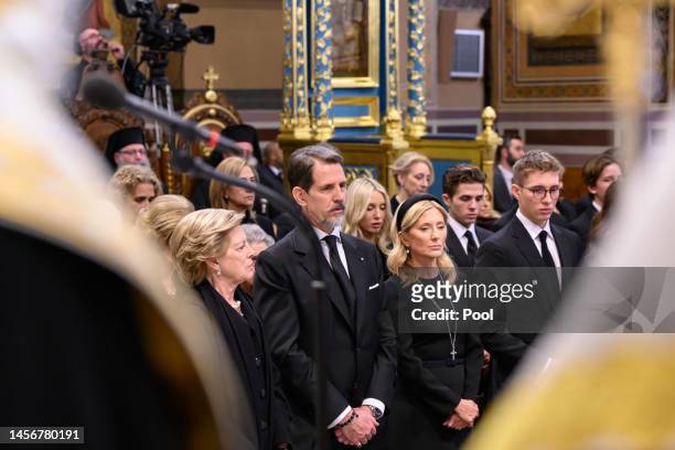 Former Queen Anne Marie of Greece, Crown Prince Pavlos of Greece and Crown Princess Marie-Chantal attend the funeral of Former King Constantine II of...