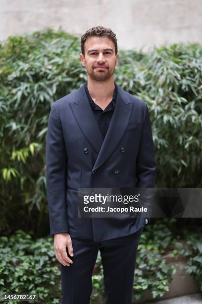 Theo James is seen front row at the Giorgio Armani fashion show during the Milan Menswear Fall/Winter 2023/2024 on January 16, 2023 in Milan, Italy.