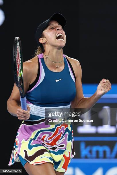 Madison Keys of the United States celebrates match point in their round one singles match against Anna Blinkova during day one of the 2023 Australian...