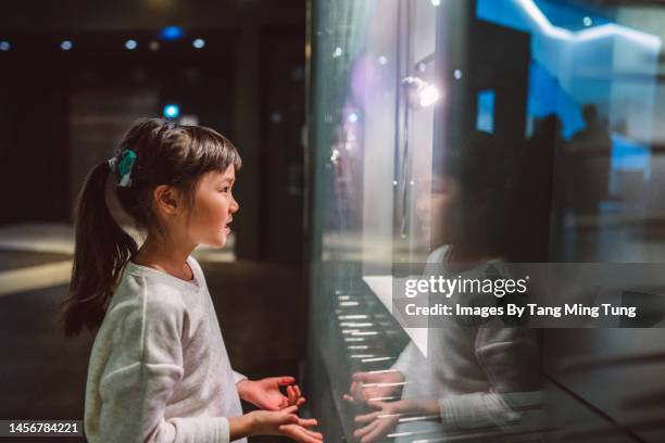 lovely cheerful girl checking out exhibits in gallery - museum stock pictures, royalty-free photos & images