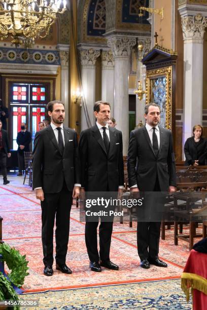 Crown Prince Pavlos of Greece, Prince Nikolaos of Greece and Prince Philippos of Greece attend the funeral of Former King Constantine II of Greece on...