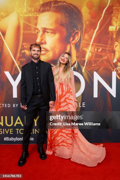 Joel Patfull and Elle Ferguson attends the Australian premiere of Babylon at State Theatre on January 16, 2023 in Sydney, Australia.