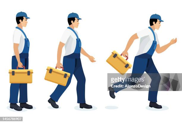 plumber or repair man. construction worker with toolbox. set of worker with different poses. - uniform icon stock illustrations