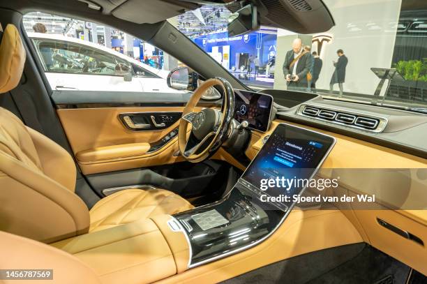 Mercedes-Maybach S680 luxury sedan interior on display at Brussels Expo on January 13, 2023 in Brussels, Belgium. Maybach is the luxury brand of...