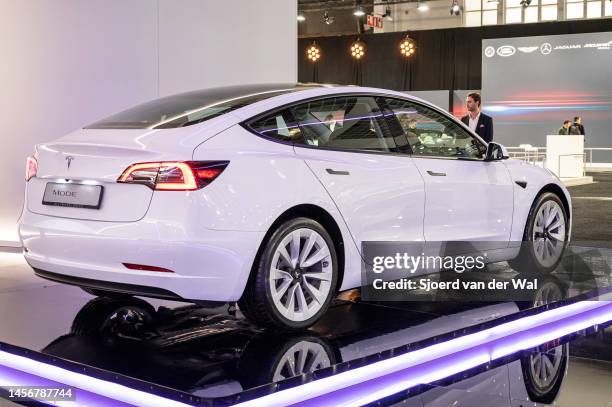 Tesla Model 3 full electric car at Brussels Expo on January 13, 2023 in Brussels, Belgium.