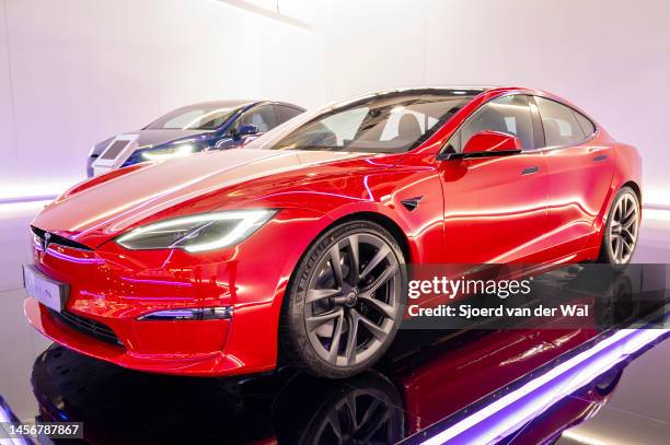 Tesla Model S full electric sedan at Brussels Expo on January 13, 2023 in Brussels, Belgium.
