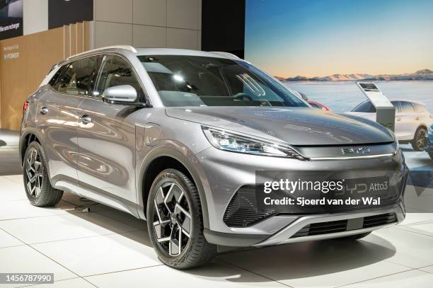 Atto 3 full electric compact crossover SUV at Brussels Expo on January 13, 2023 in Brussels, Belgium. BYD Auto Co., Ltd. Is a Chinese manufacturer of...